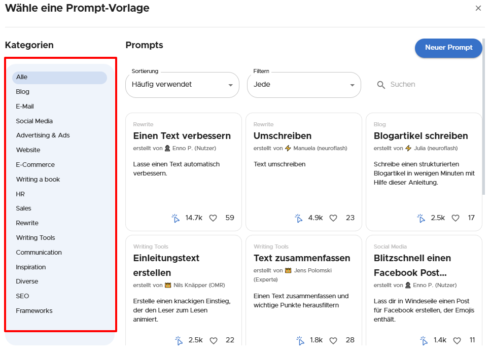 Prompt-Vorlagen von Neuroflash