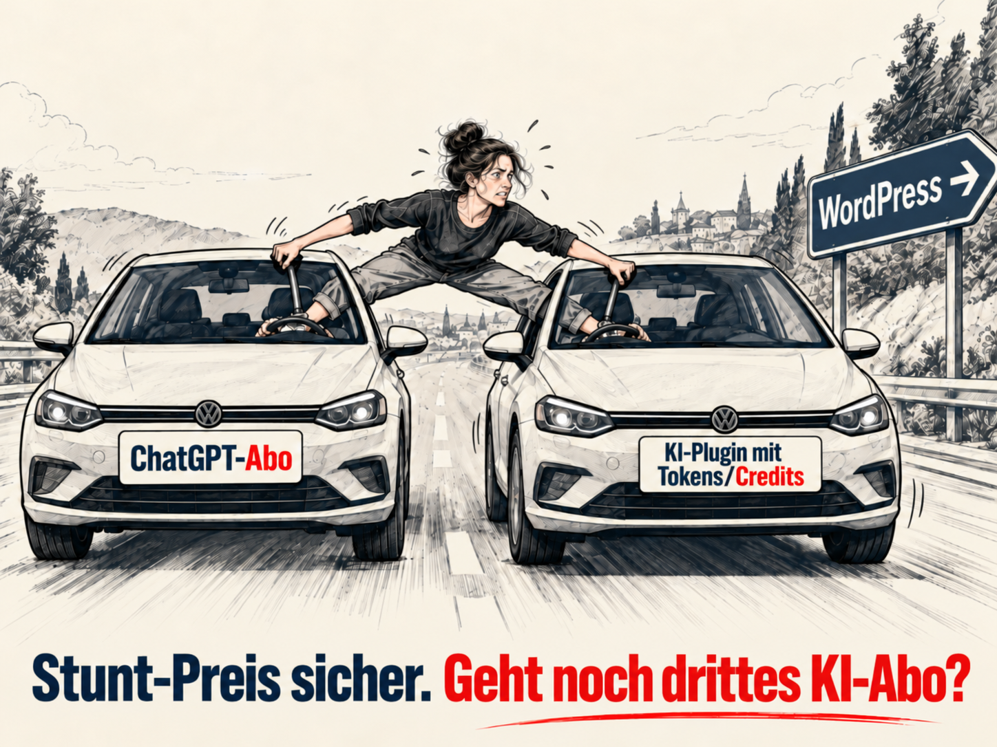Eine Person fährt gleichzeitig zwei Autos für ChatGPT-Abo und KI-Plugin mit Credits.