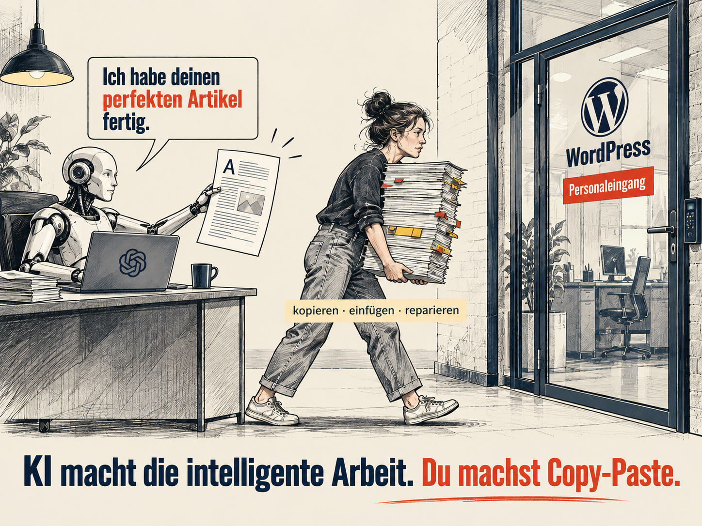 KI erstellt den Artikel, der Mensch überträgt ihn per Copy-Paste in WordPress.