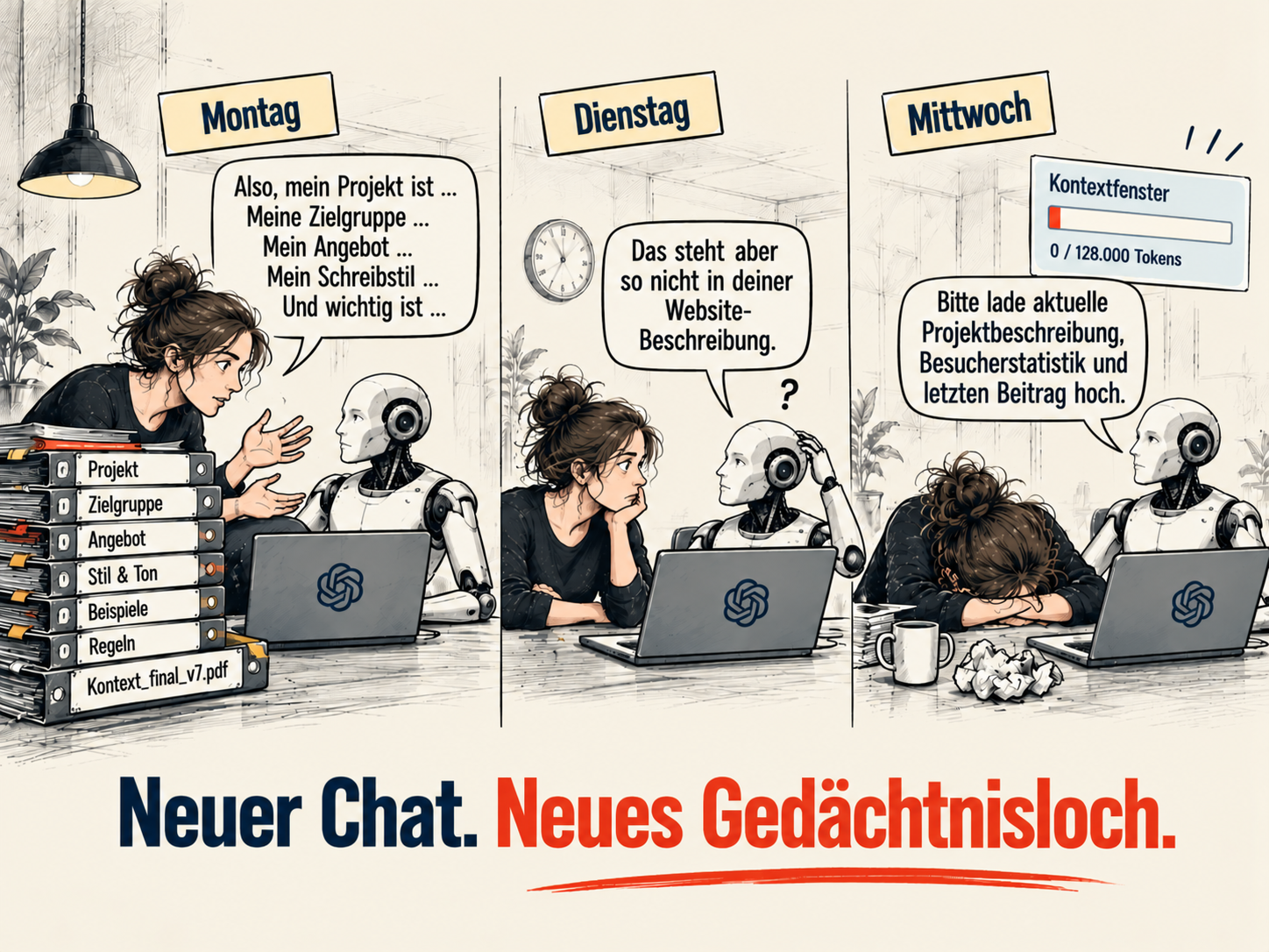 Drei Tage mit KI: Projektkontext wird immer wieder neu erklärt.