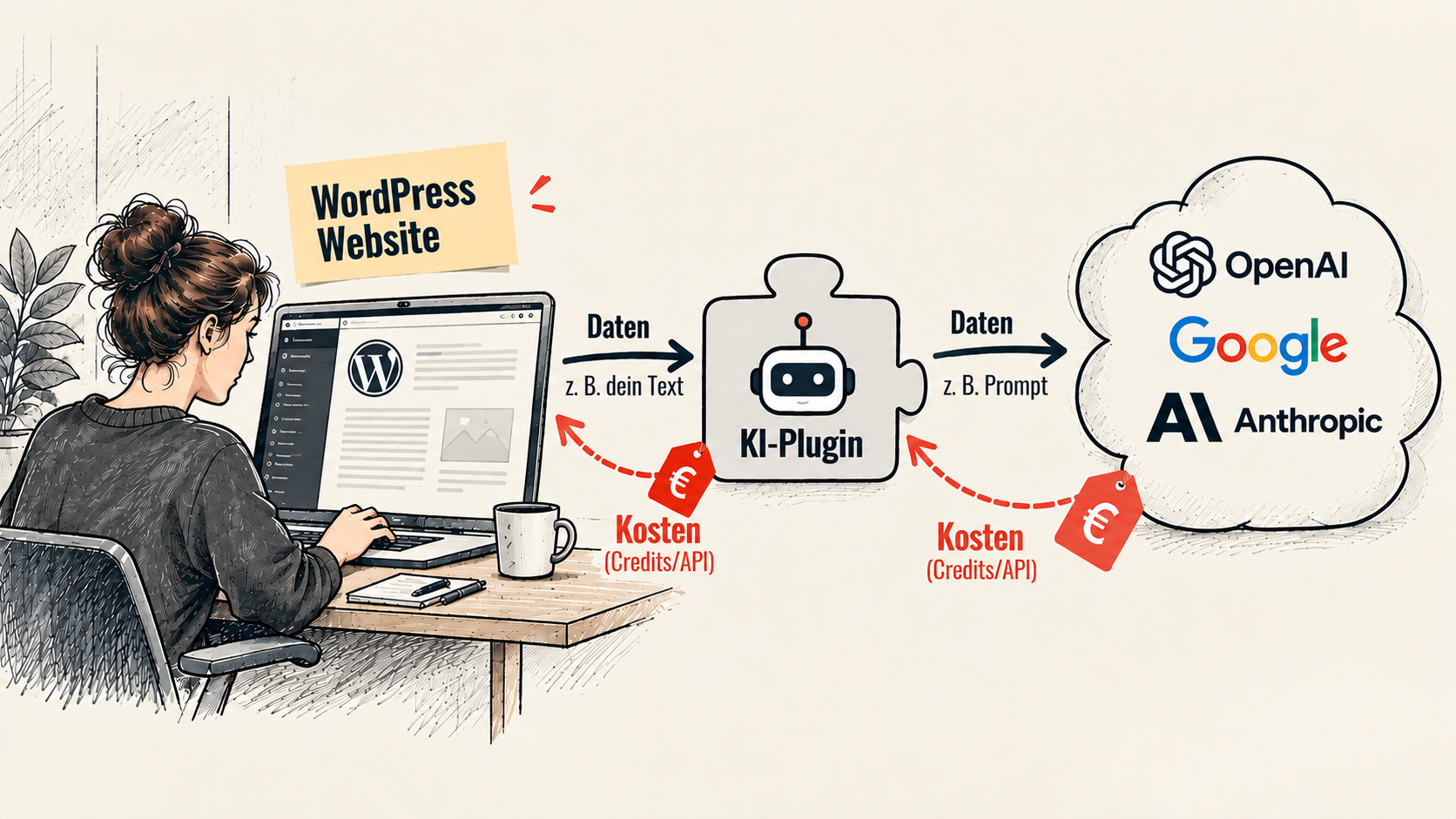 Daten- und Kostenfluss zwischen WordPress, KI-Plugin und KI-Anbietern.